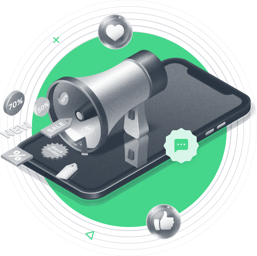 Beambox graphic with a megaphone and smartphone symbolize notifications for sales and engagement through SMS messages.