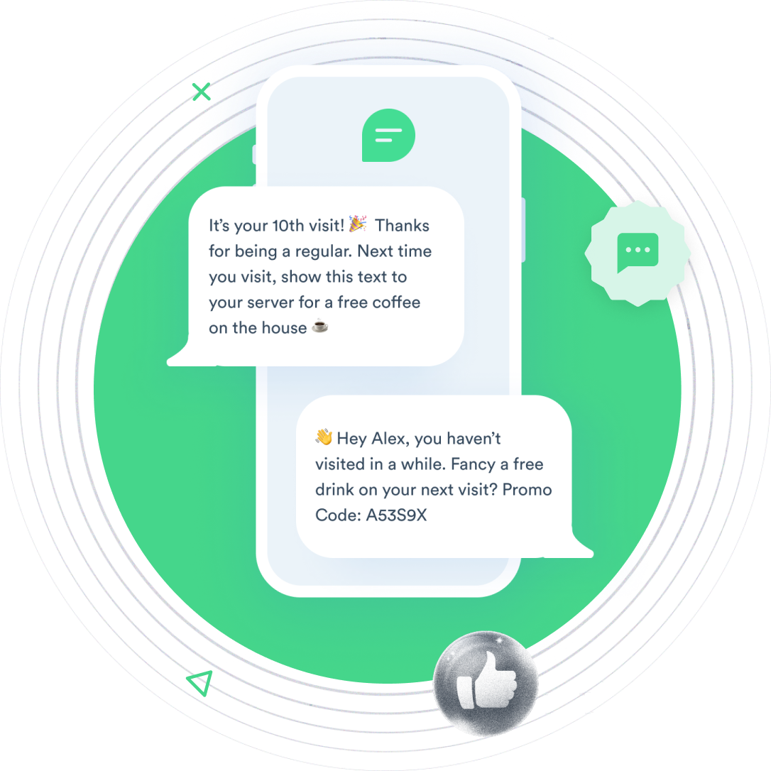 Beambox graphic showing SMS marketing example text messages over a smartphone.