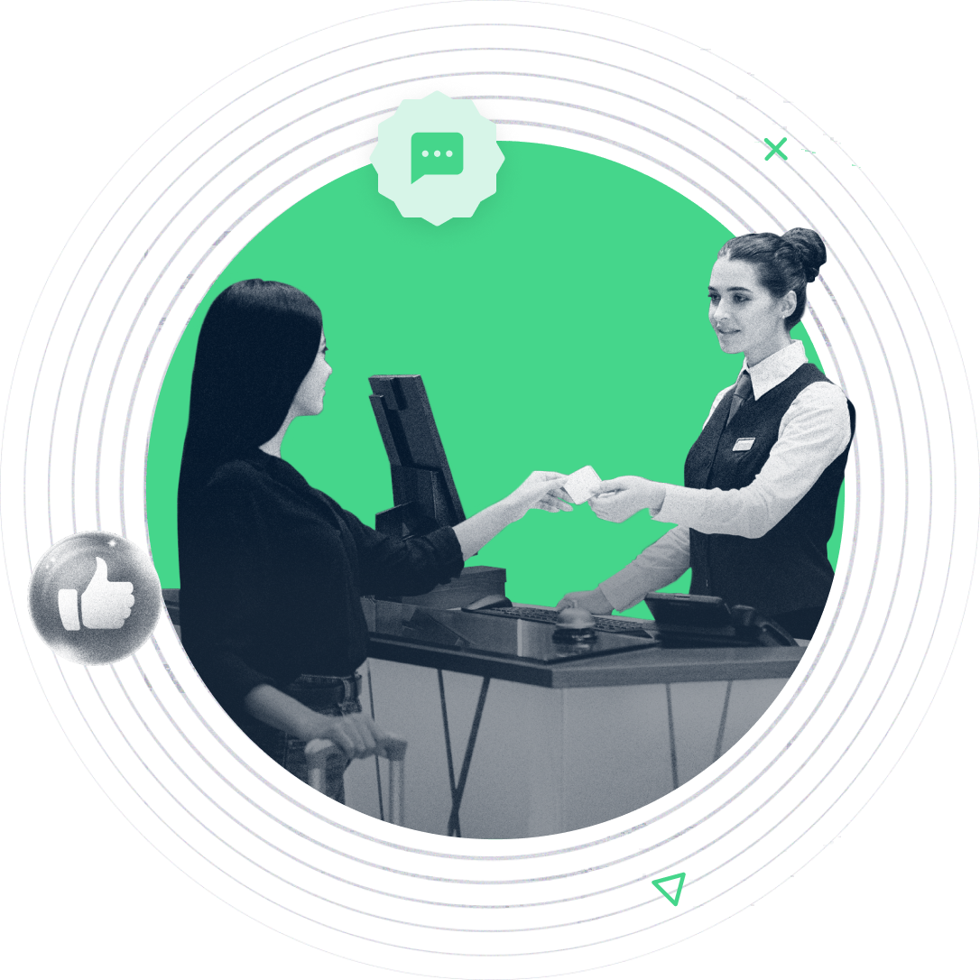 Beambox graphic with a customer handing credit card to a cashier surrounded by engagement icons.